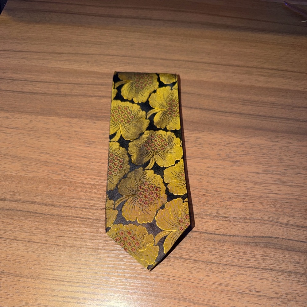 Dries Van Noten Gold Floral and Green Silk Tie